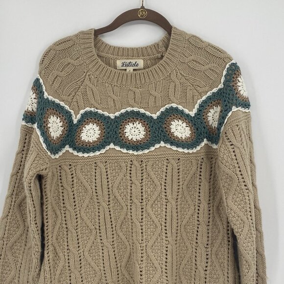 Listicle Sweater Women's Small Tan Chunky Cable Knit Crochet Embroidery Pockets - Picture 7 of 10